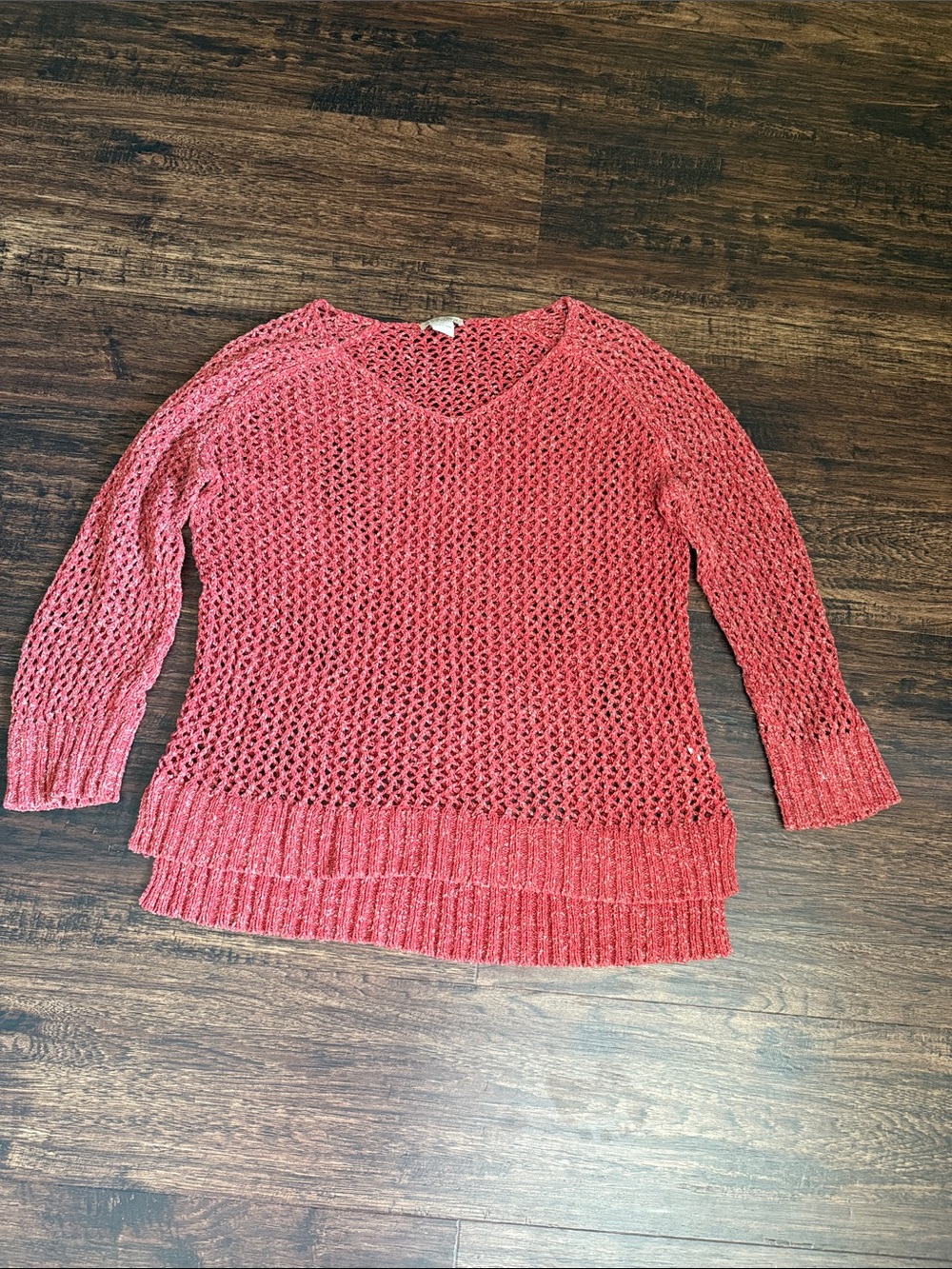 Lucky Brand Open-Knit V-Neck Sweater in Terracotta